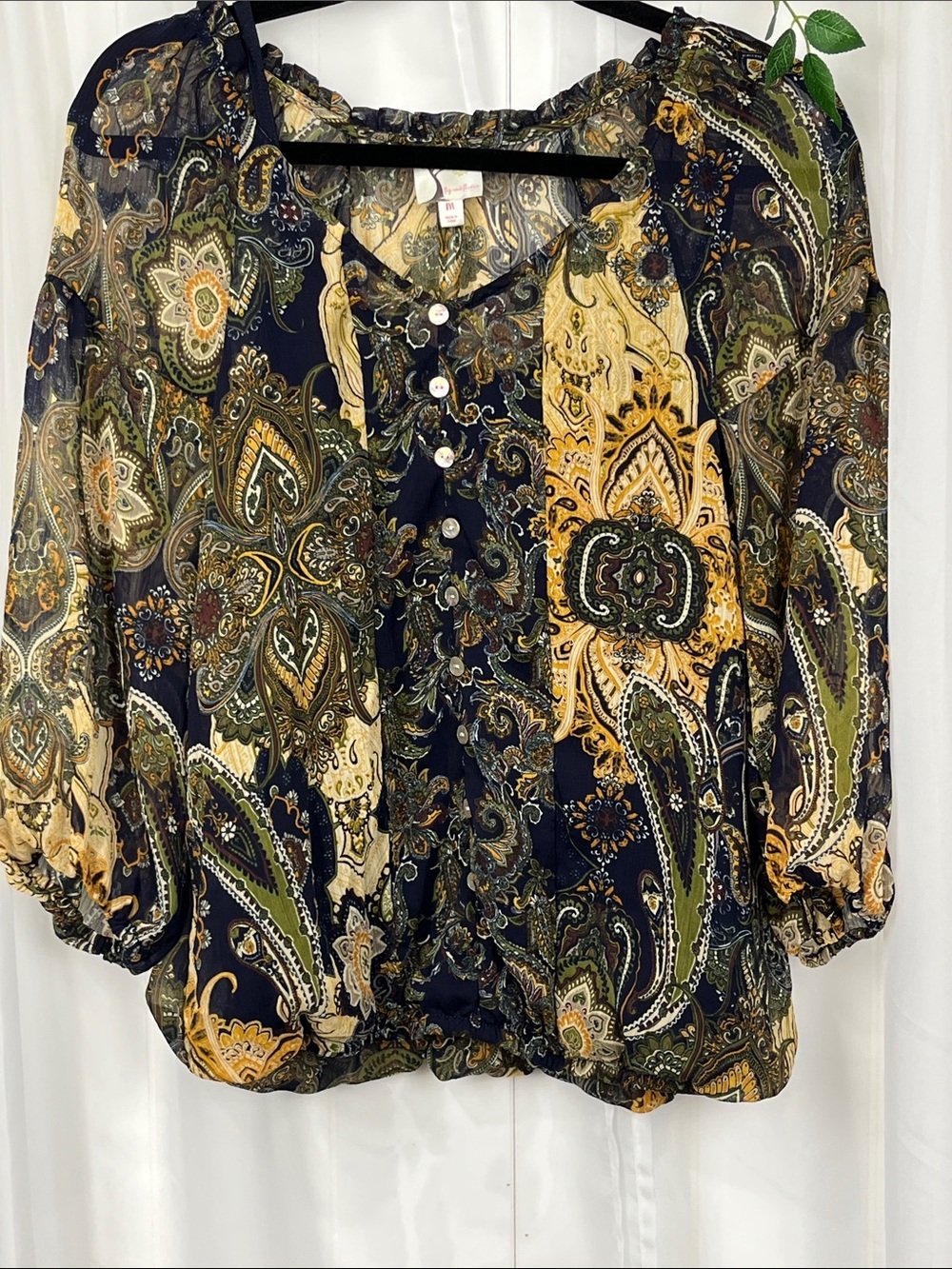 Fig & Flower Womens Pullover Blouse M Button Down 3/4 Sheer Sleeves Lined EUC